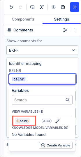 For each column in the selected table, assign either a variable or a plain-text value. ​ In this example, we're adding a variable for the BELNR column: