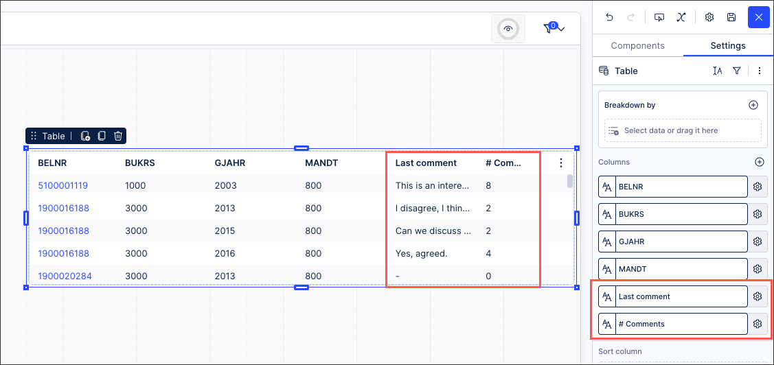 In this example, the table has been configured to include columns on 'Last comment' and '# Comments':