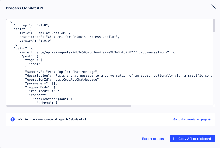 Screenshot of the Process Copilot API window with an example of the API specification.